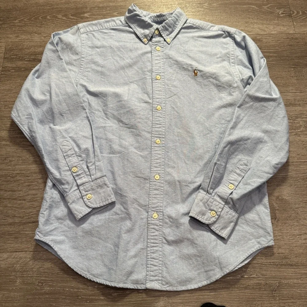 Ralph Lauren Shirt Boys 18 Blue Chambray Cotton Oxford Classic Flesh Pony OCBD